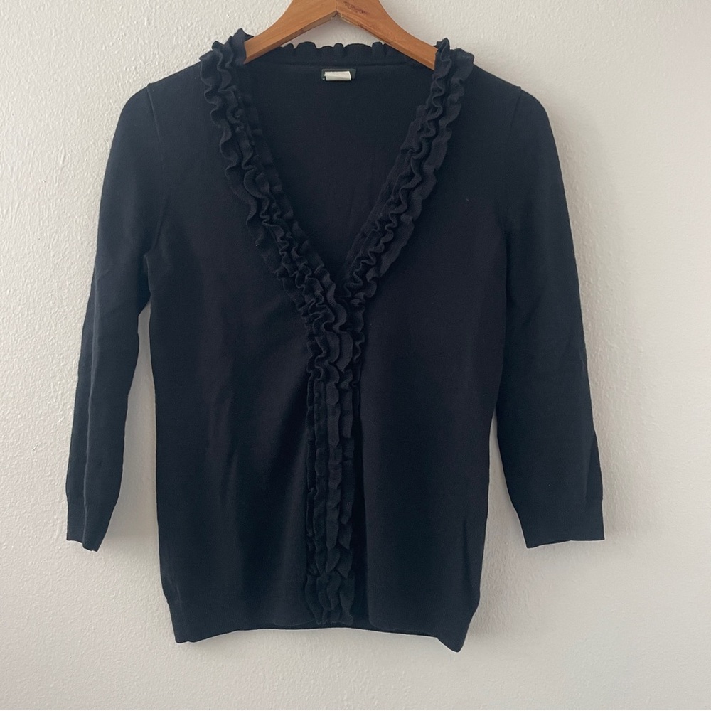 J. Crew Ruffle Neck Merino Wool Black Sweater